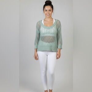 rue21 Teal Crochet Knit Sweater M - Boho Open Weave 3/4 Sleeve